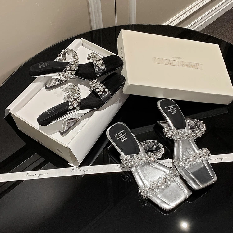 凉鞋女款2025新款爆款夏季轻熟异型跟4.5CM水钻纯色凉拖高跟百搭