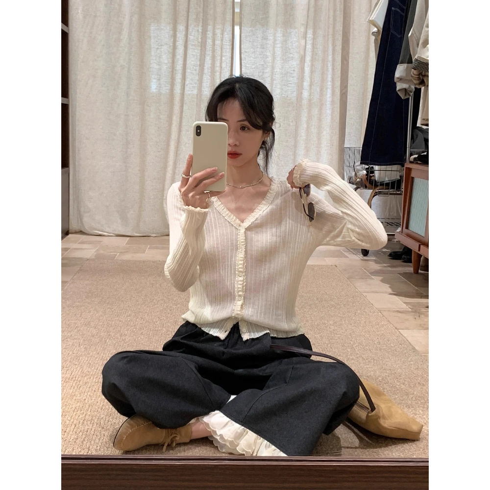 韩系温柔白色木耳花边V领针织开衫女春夏百搭小众别致长袖上衣薄