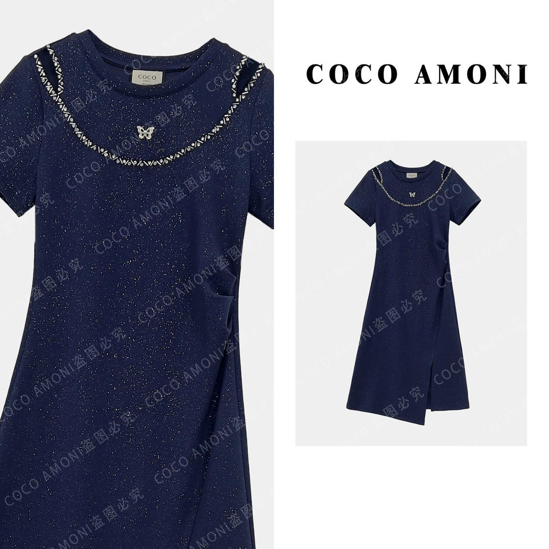 夏季新款高级感优雅蝴蝶镂空气质钉珠百搭女装连衣裙ZQ944