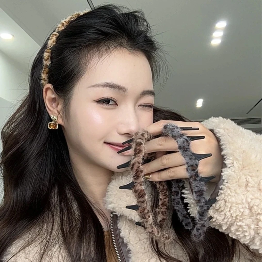 豹纹毛毛波浪发箍女秋冬新款高颅顶洗脸发卡气质前额碎发整理头箍
