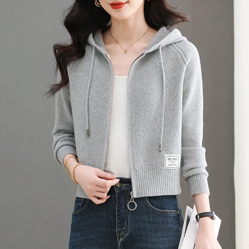 (044-045号)连帽针织开衫女春秋季新款外搭小个子短款毛衣外套