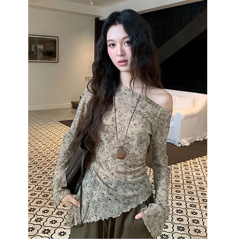 MR【原版面料】不规则设计感露肩长袖上衣薄款防晒罩衫一字肩T恤