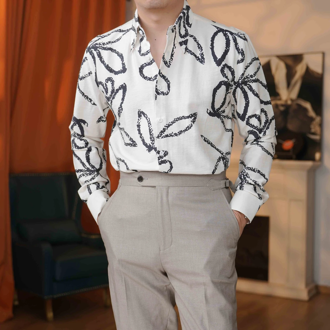 天丝法式一片领长袖衬衫衬衣袖印花四季通用衬衫夏季气质潮流修身