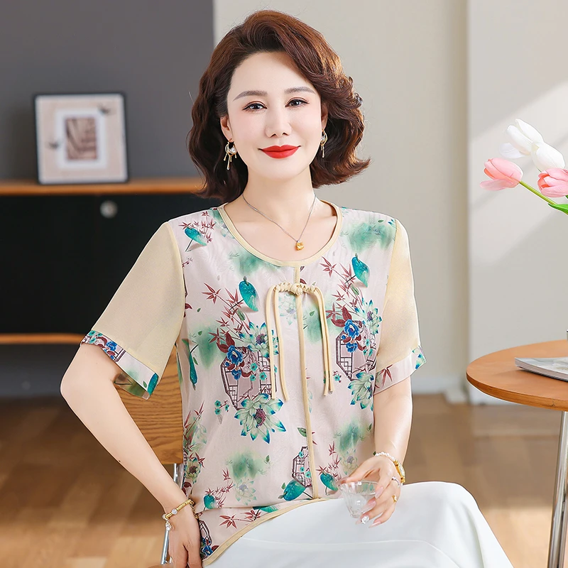新中式短袖T恤小衫夏季薄款宽松妈妈装中老年女装圆领碎花衫夏装