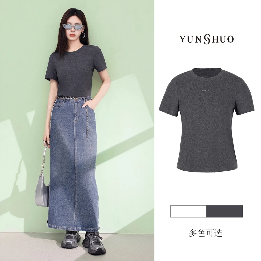 允硕新品时尚圆领字母休闲修身短袖简约女气质纯色T恤上衣325351