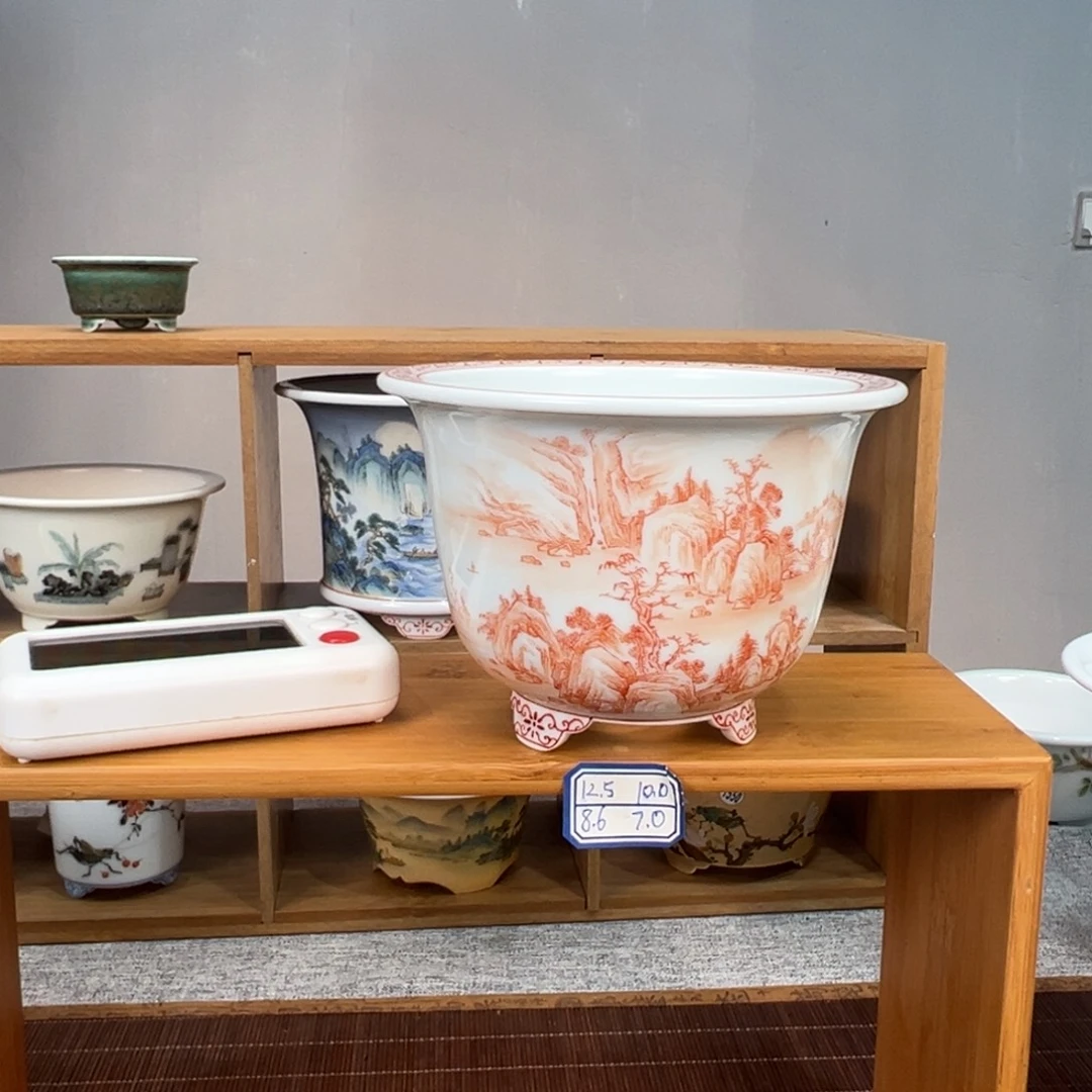 三***齋手工手绘矾红山水中号盆