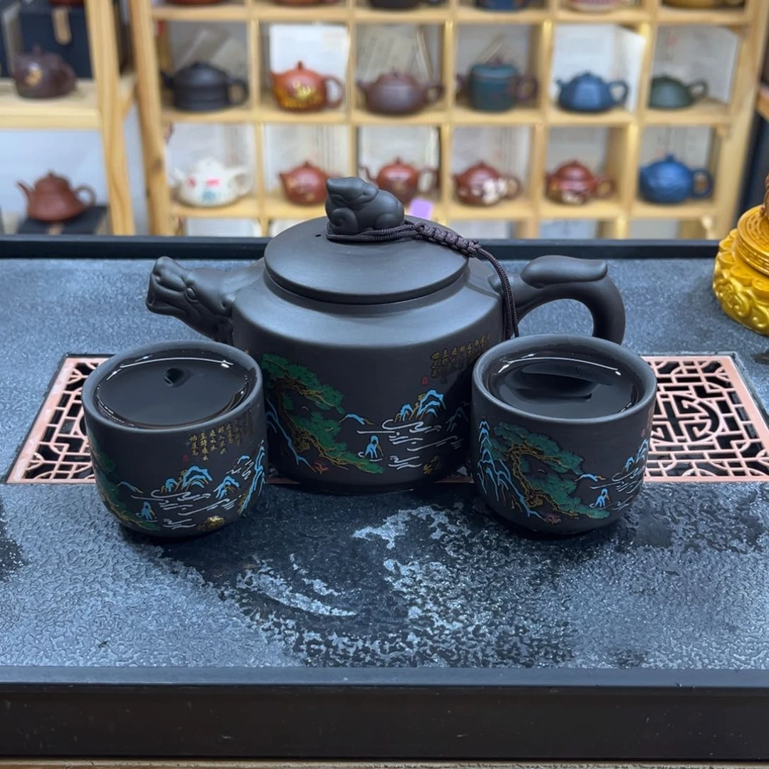 紫砂紫砂山水云龙壶（一壶两杯）