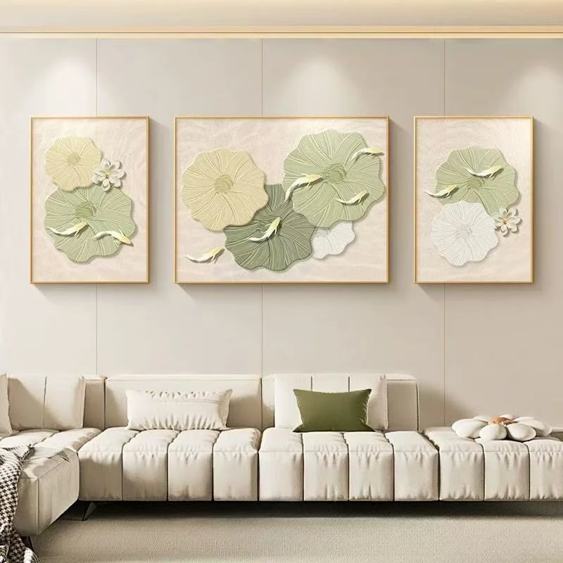 手工砂岩客厅九鱼图荷花新款沙发背景墙2024年新款壁画三联画