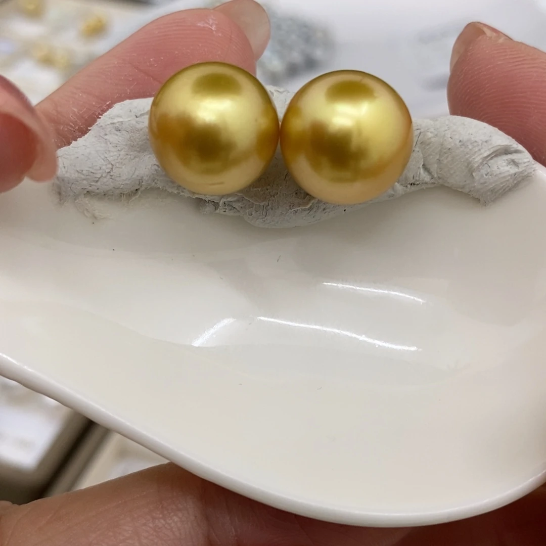 海水珍珠裸珠未镶嵌金珠对珠13.2