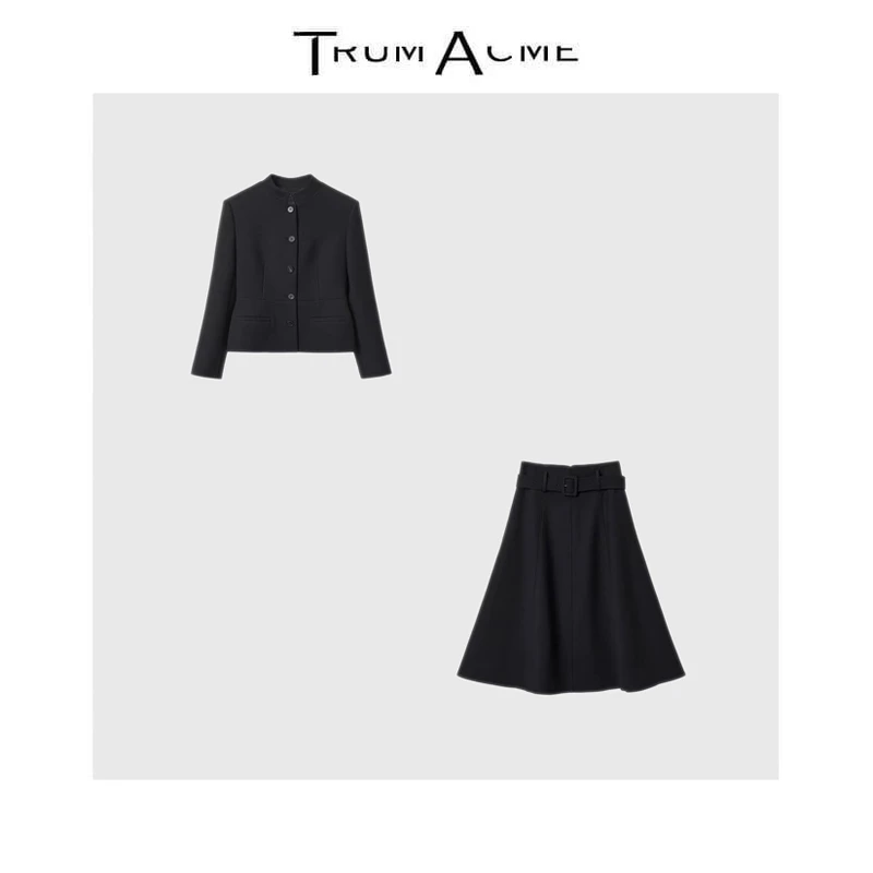 TrunAcme~老钱风黑色时尚套装收腰显瘦开衫式上衣+长裙