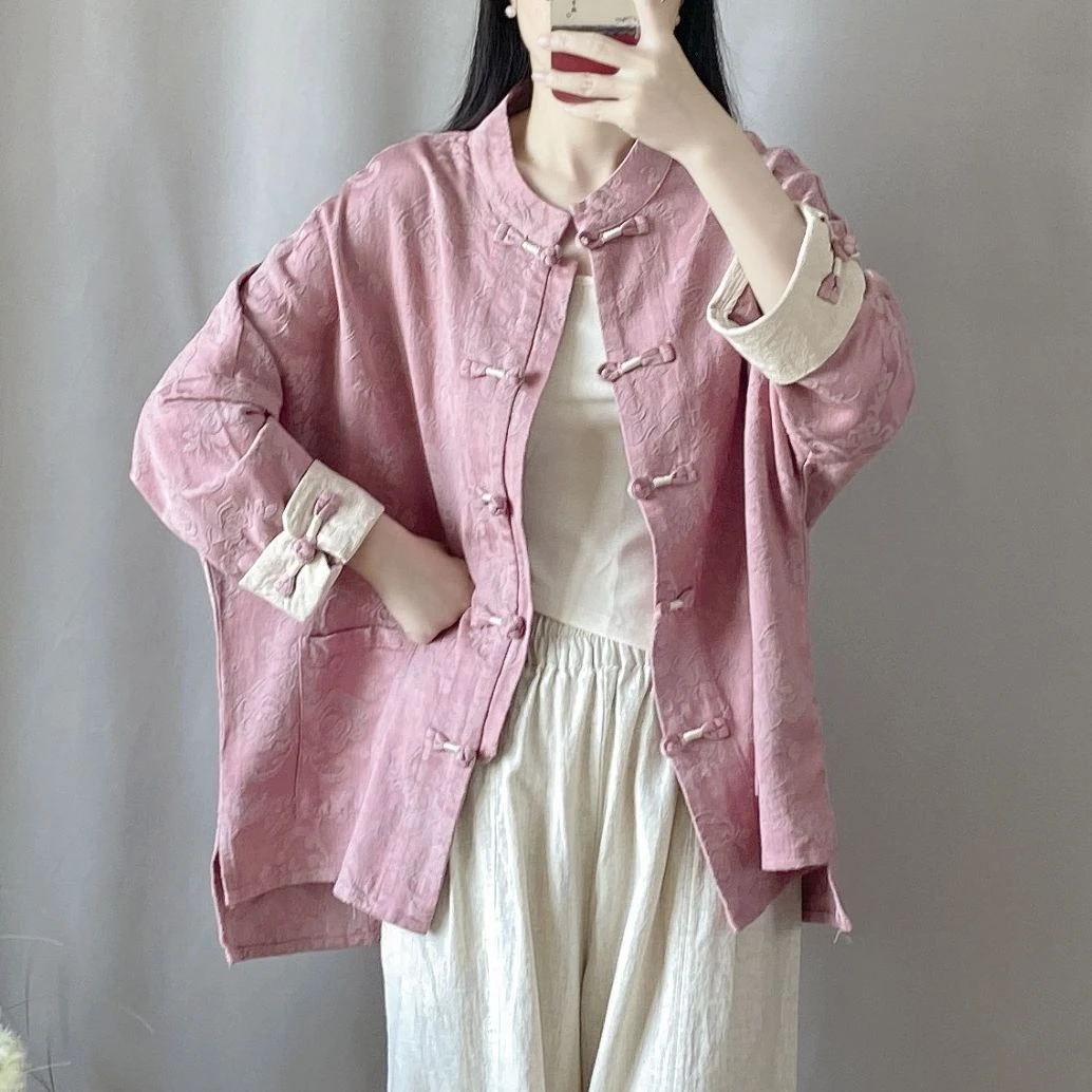 中式文艺复古中国内里包边盘扣大码开衫提花棉麻宽松蝙蝠外套上衣