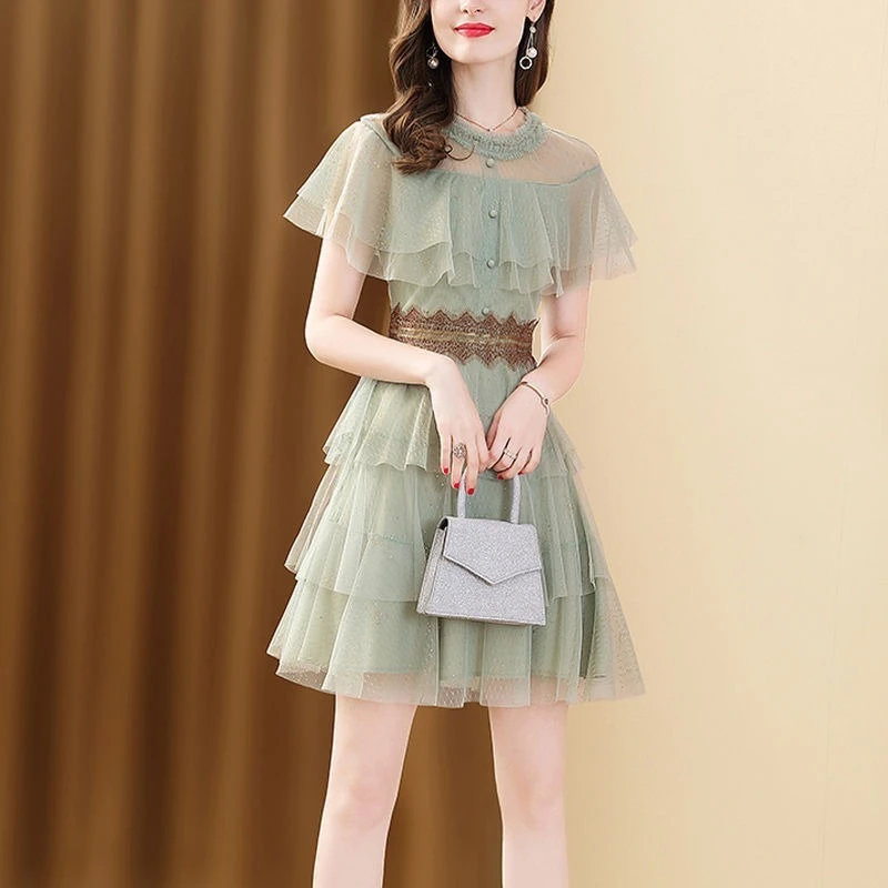 2025夏季新款网纱蕾丝拼接连衣裙女淑女范气质名媛修身仙女蛋糕裙