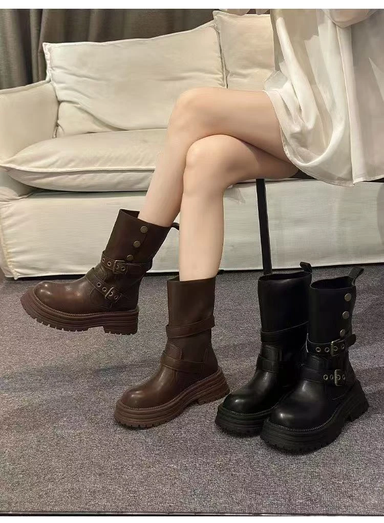 英伦风马丁靴女款2025新款春秋单靴复古女鞋中筒靴子厚底黑色短靴