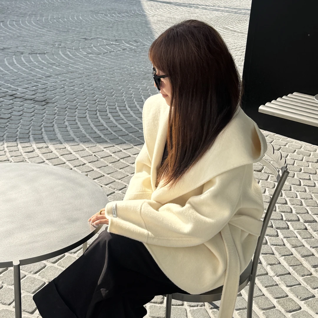 【JIANQI】25秋冬戛纳之夜极简风气质连帽外套浴袍双面呢大衣