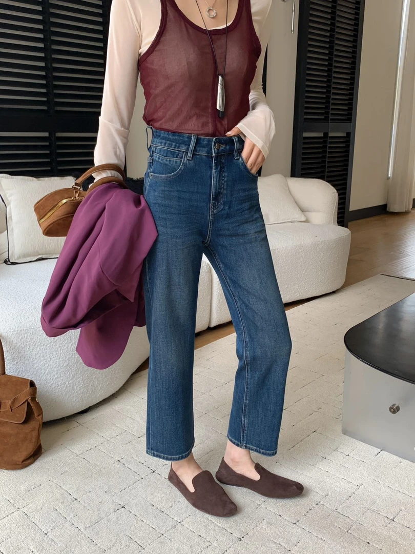 新款四面弹复古欧货法棍牛仔女直筒烟管裤巨显瘦修饰腿型7126