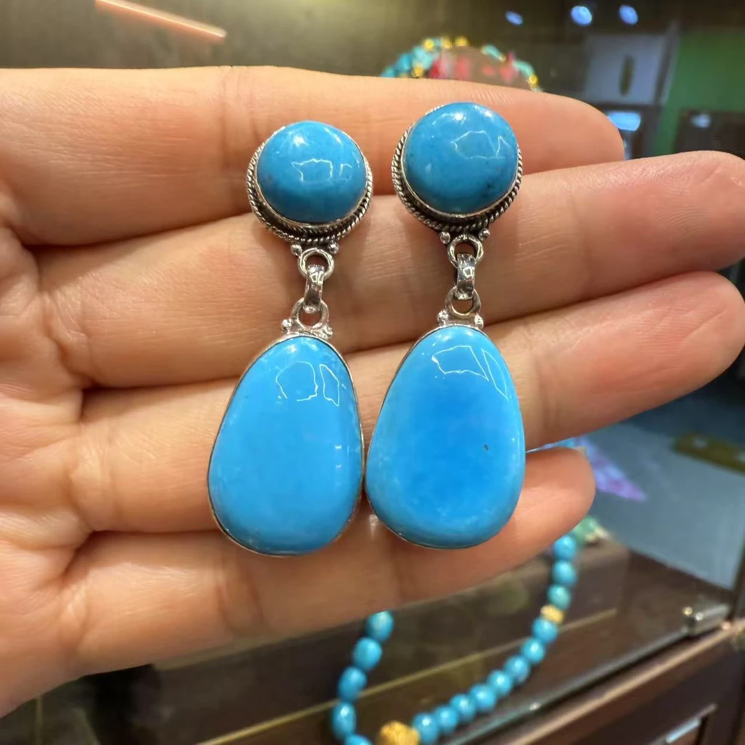 铜合金莫桑石耳饰 0017号耳环（925镶嵌蓝色长款吊坠耳钉）