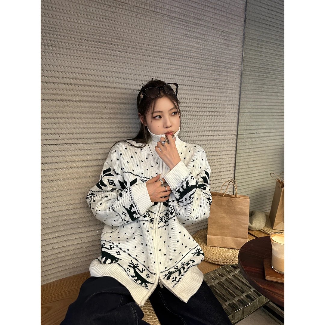 DYANGJUN【雪岛麋鹿】秋季新款费尔岛针织提花毛衣拉链开衫