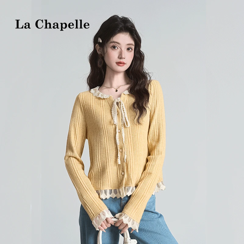 拉夏贝尔法式设计感长袖针织开衫女显瘦蕾丝拼接小个子短款上衣