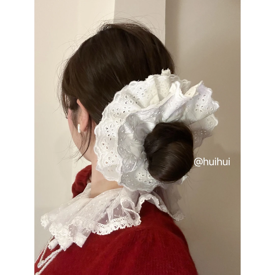 【HuiHui】手作纯棉蕾丝花边发圈发绳法式镂空双层大肠圈（A1540）