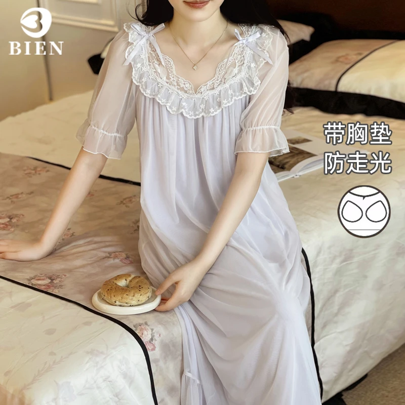BIEN带胸垫睡裙女夏季新款甜美宫廷公主睡衣莫代尔网纱睡衣家居服