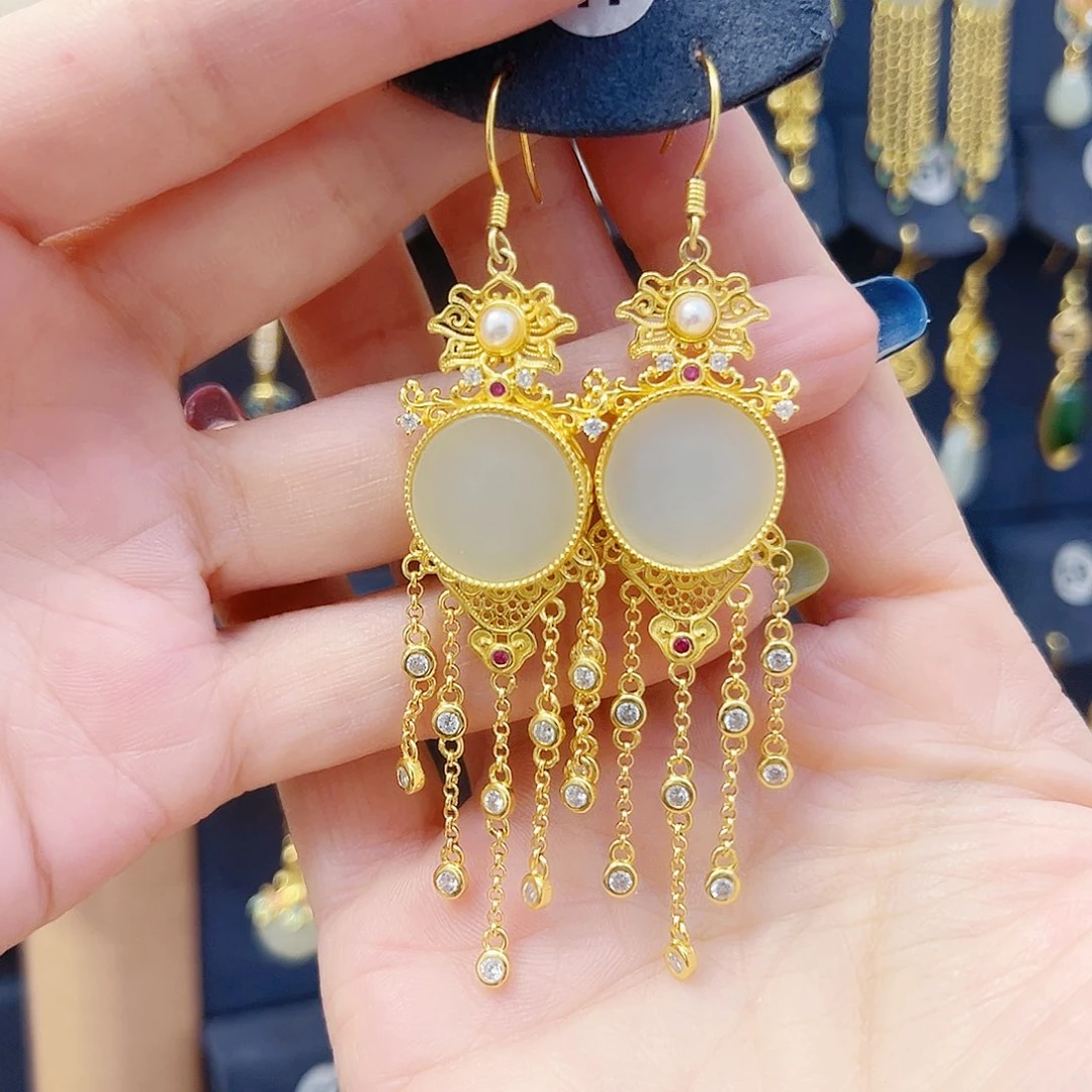 和田玉银S925镀金镶嵌耳饰