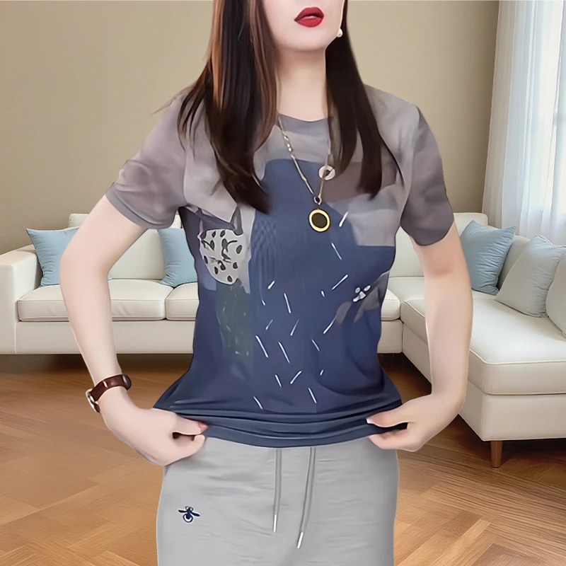 夏季薄款亲肤短袖涂鸦印花卡通t恤女欧货新款双层网纱修身上衣ins