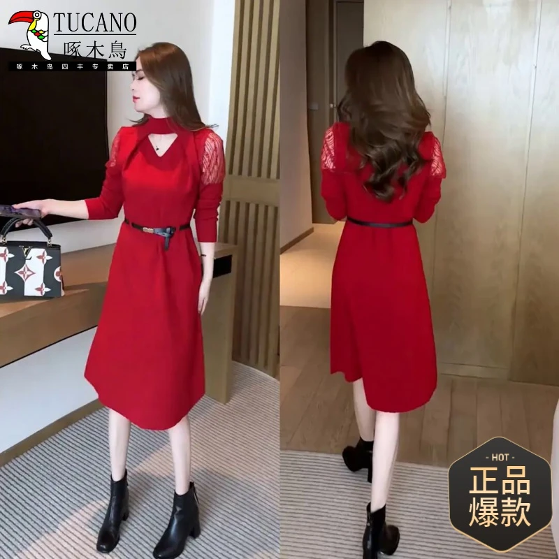 秋冬长袖纯色连衣裙收腰辣妈红色显瘦法式气质裙子减龄裙子