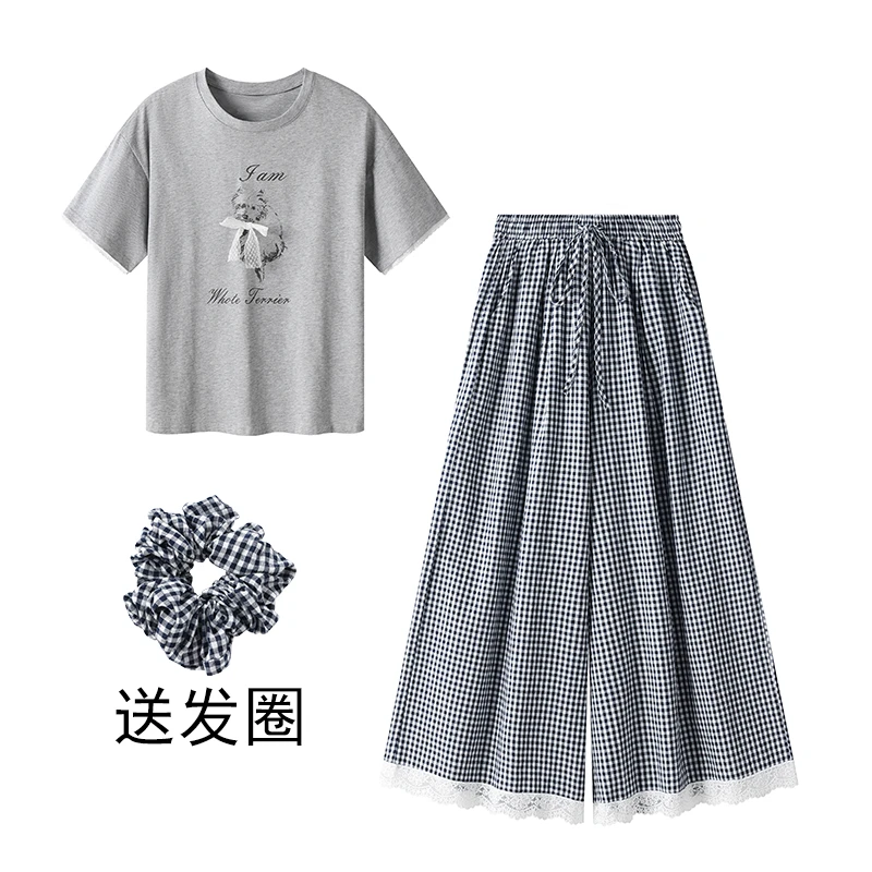 夏季穿搭一整套女新款休闲设计感短袖T恤高腰格子长裤两件套2238