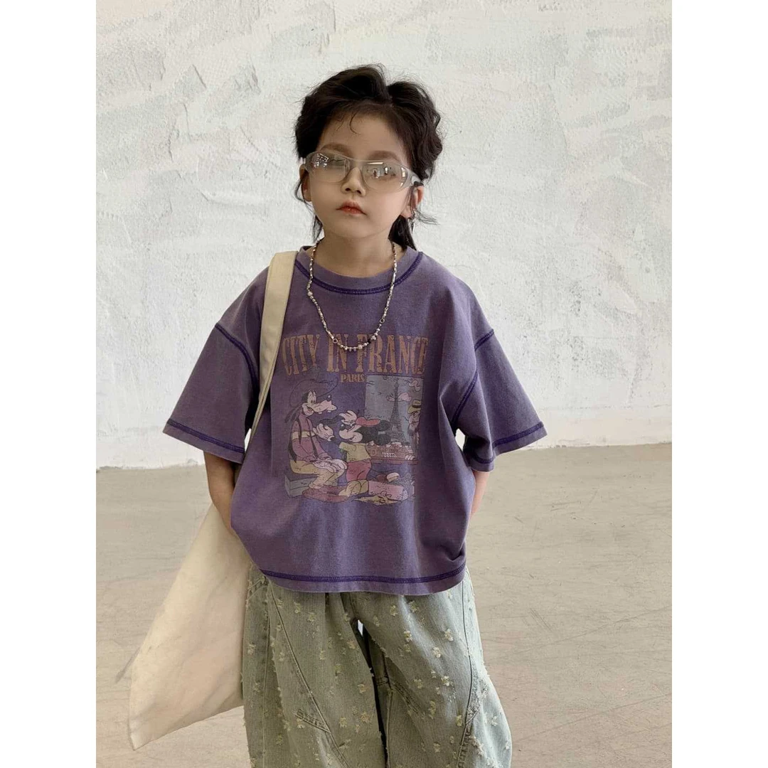 儿童复古炒色卡通百棉圆领短袖T恤潮2025春夏款男童休闲半袖上衣