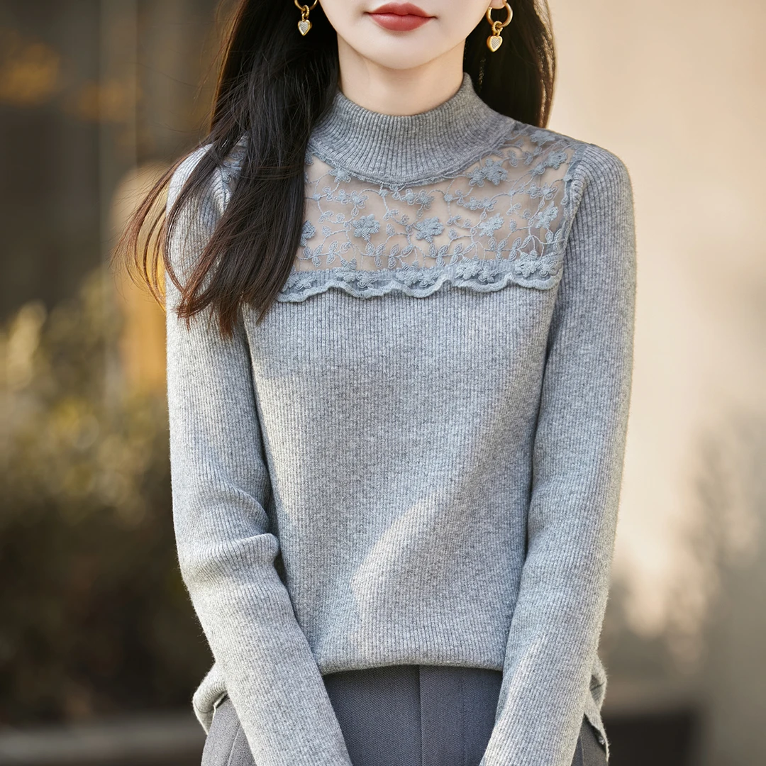 品牌洋气针织女士薄款打底毛衣秋冬长袖时尚蕾丝百搭套头