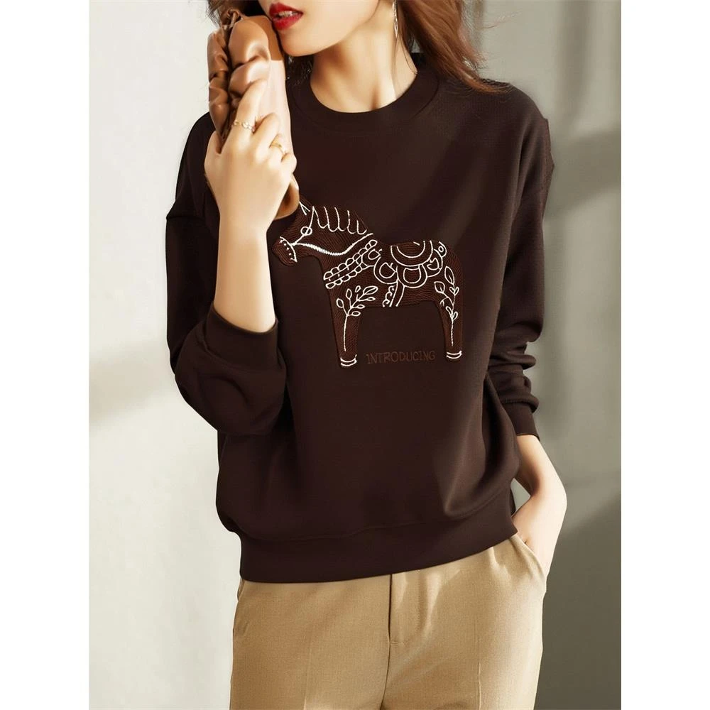 美拉德小马印花圆领卫衣女2025秋季新款复古宽松休闲套头T恤上衣