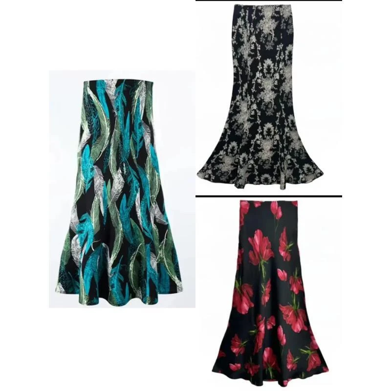 新款碎花缎面拼接显瘦百搭鱼尾裙裙子显瘦半身裙岁半身裙