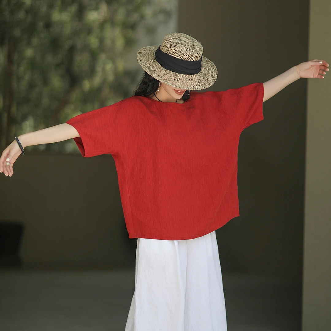 麻霖明朗朱砂红细腻高支色纺汉麻亚麻面料圆领5分袖套头衫上衣