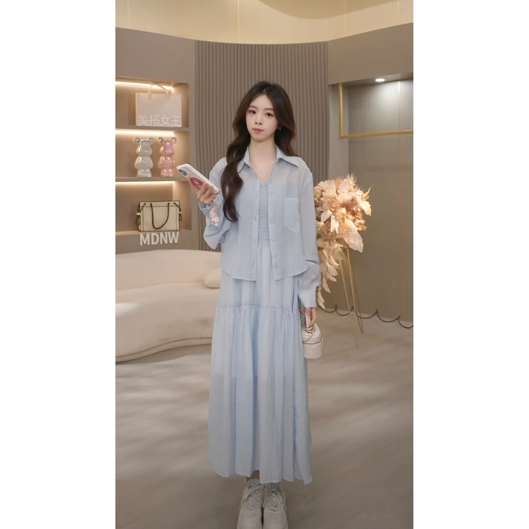 时髦气质套装女夏季新款慵懒度假防晒衬衫中长吊带裙两件套TZ2127