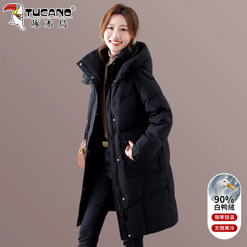 啄木鸟黑色羽绒服女2025新款冬季中年妈妈中长款加厚保暖羽绒外套
