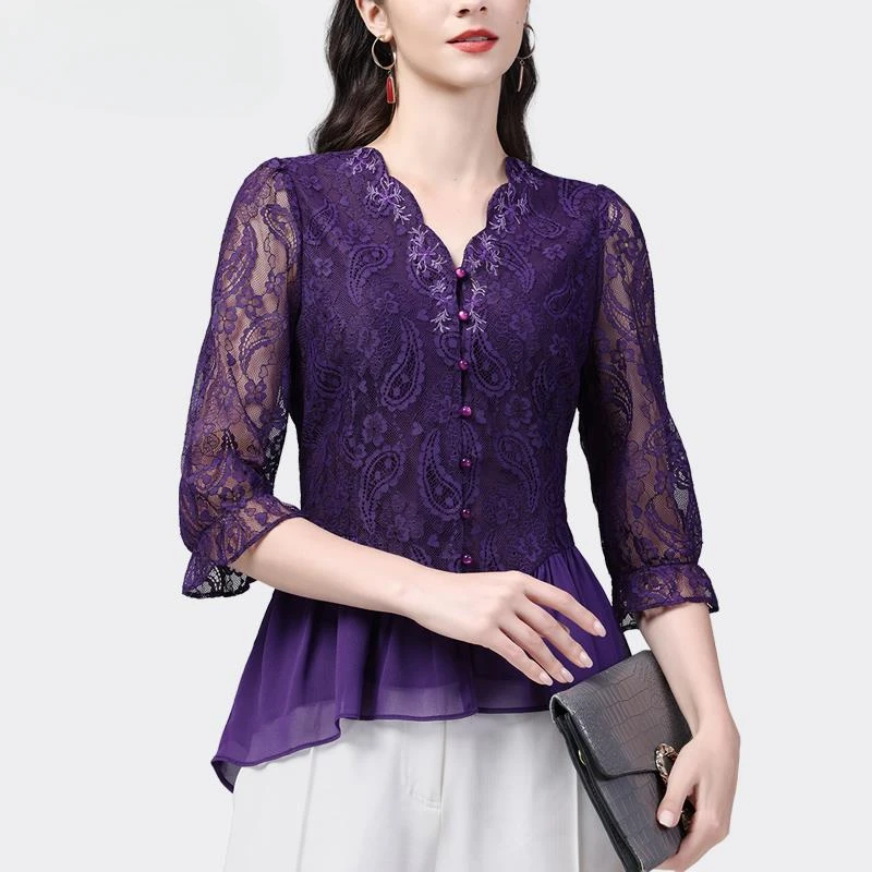 欧货绣花蕾丝衫夏设计感拼接雪纺衫女v领七分袖衬衫上衣SC23508
