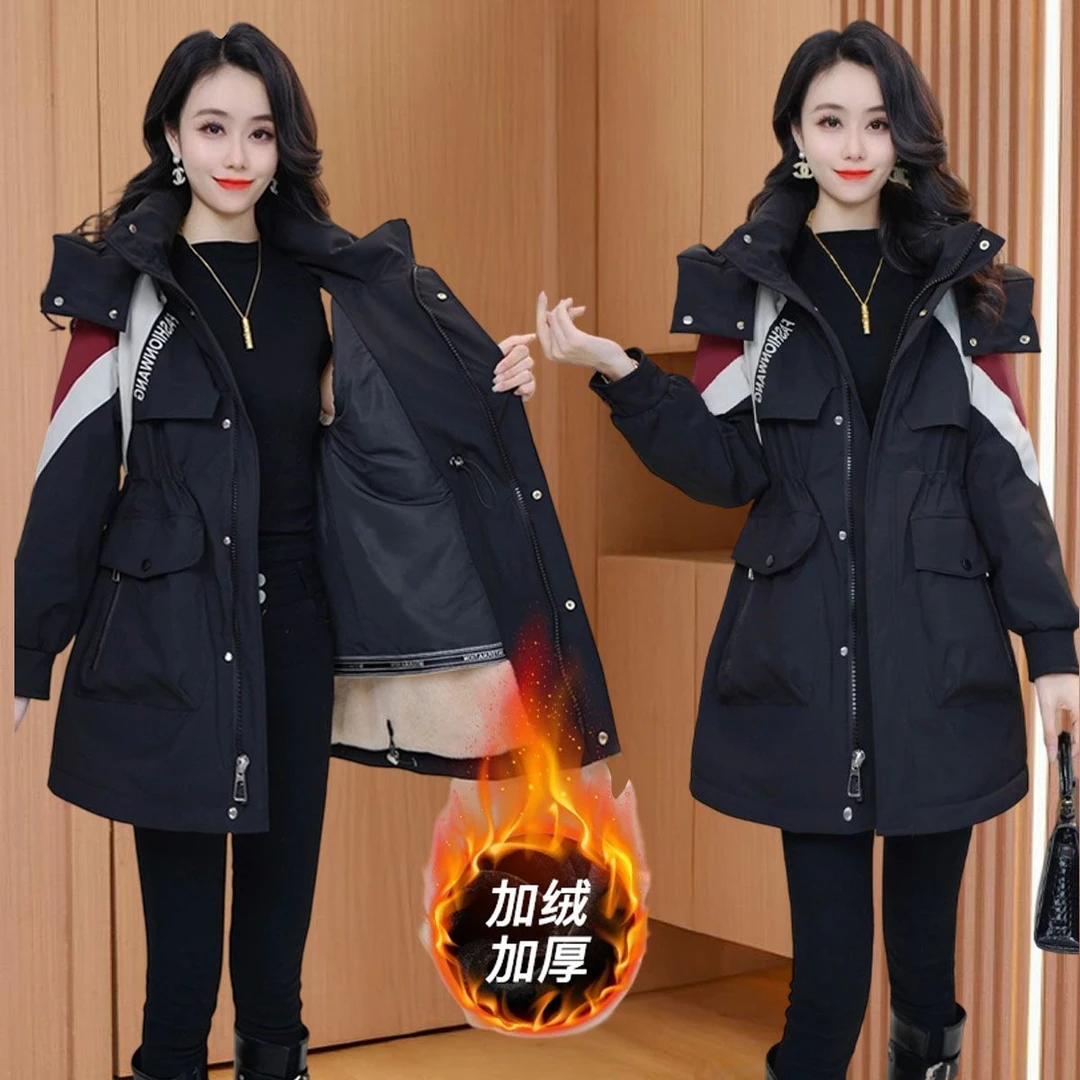 黑色小个子减龄派克服女秋冬2025爆款中长款洋气时尚加厚加绒外套