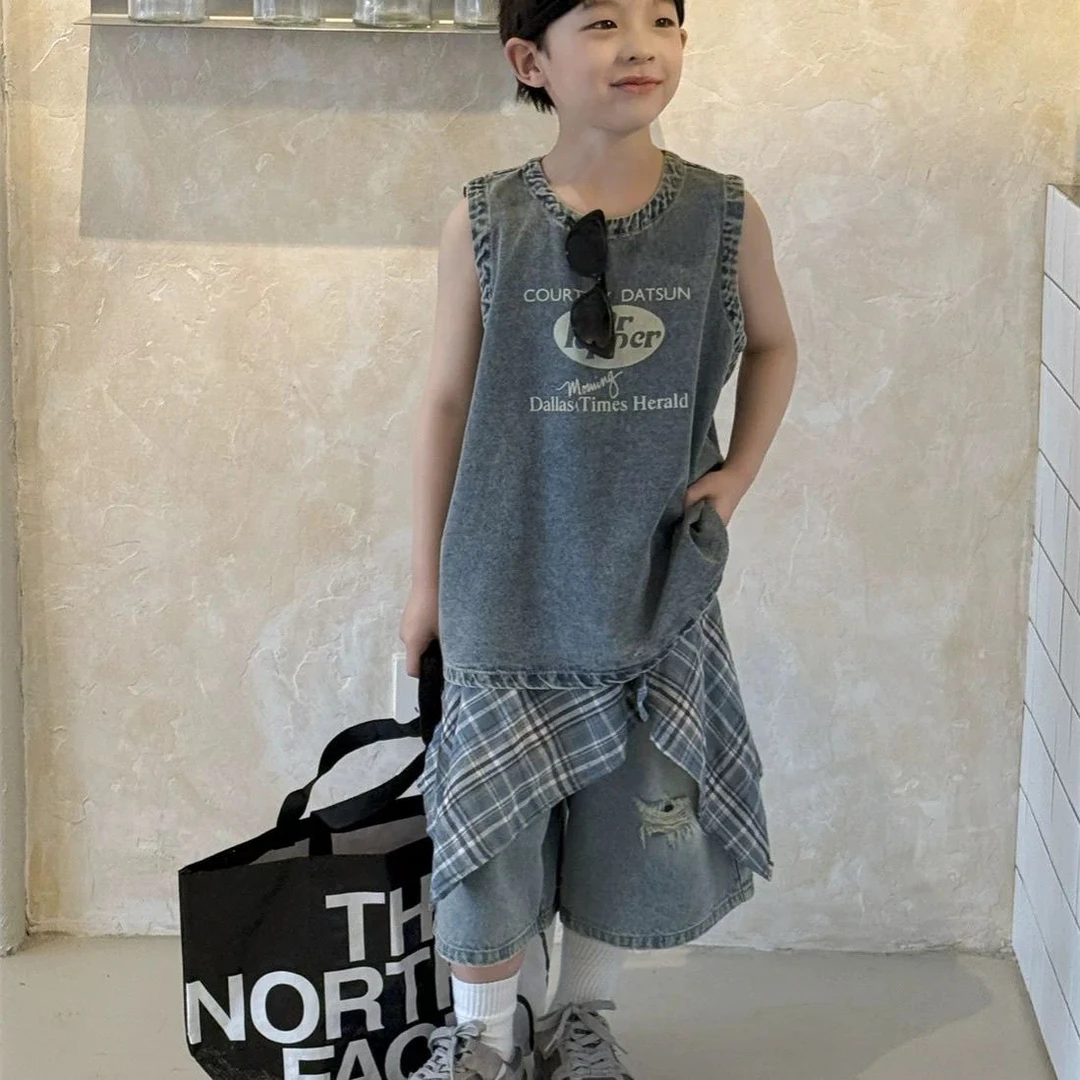 男童夏季新款背心套装2025男童韩版软牛仔牛仔背心五分裤两件套潮