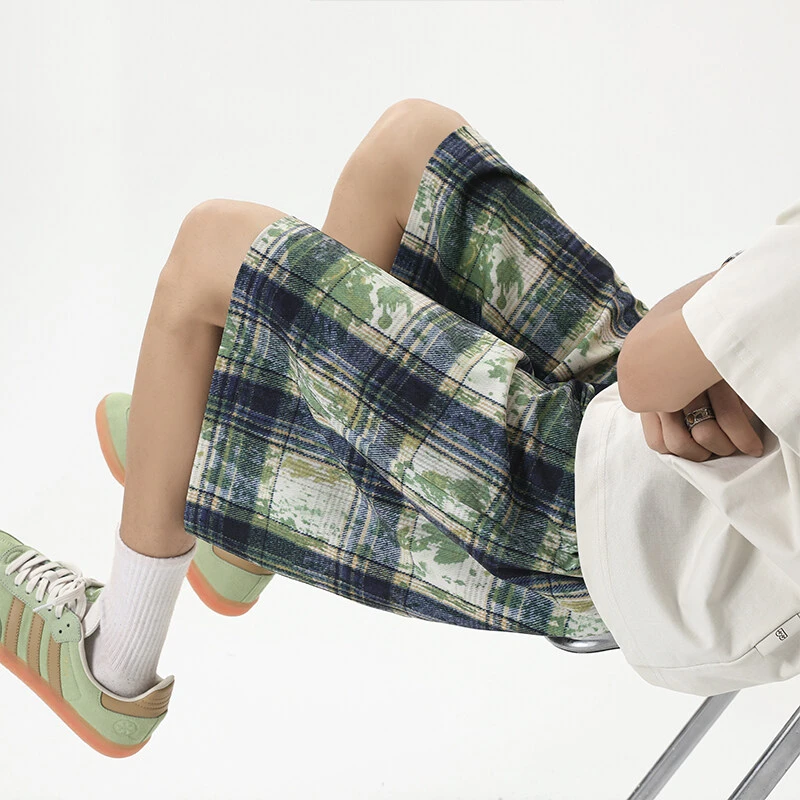 美式复古扎染格子短裤男夏季薄款裤子直筒宽松五分裤休闲运动中裤