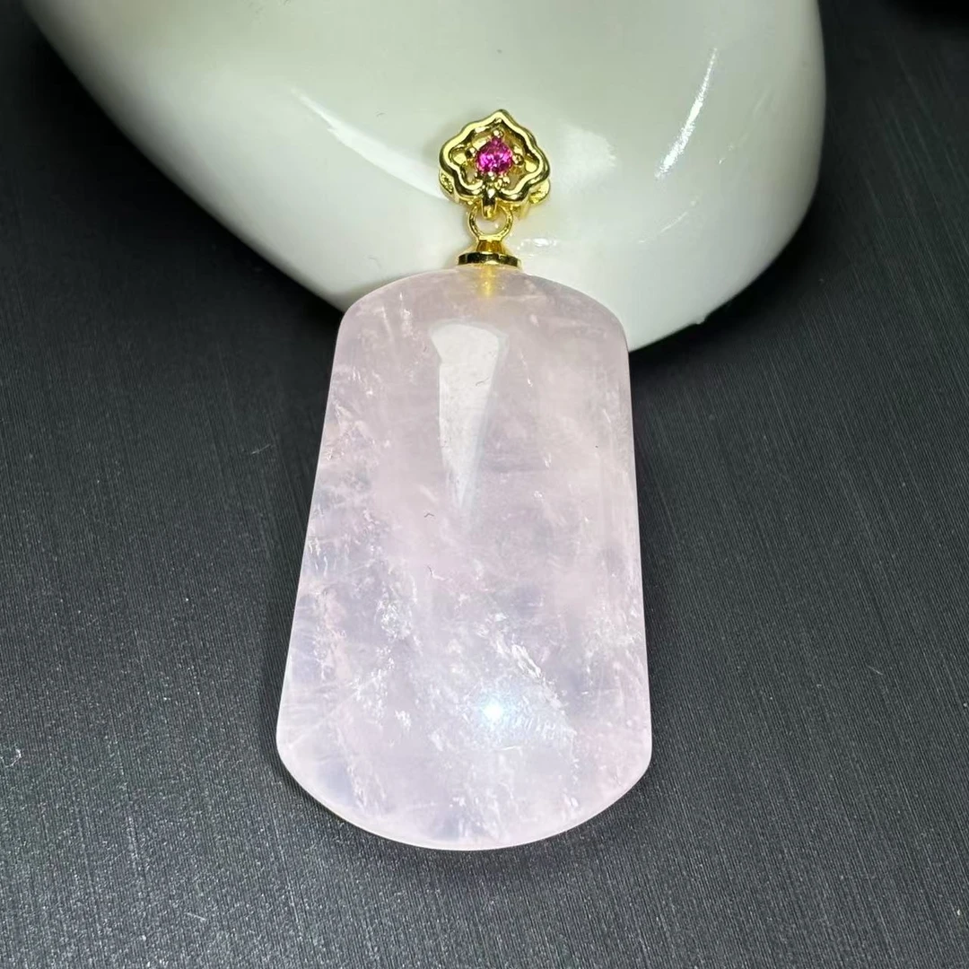 CT3910-冰花芙蓉晶水晶粉无事牌-配链子