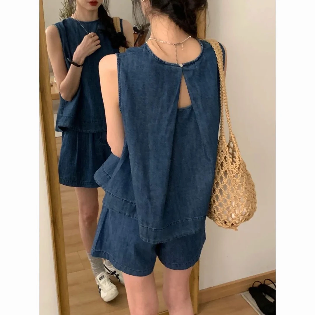 小个子穿搭一整套女2024夏装镂空设计感牛仔背心上衣短裤两件套装
