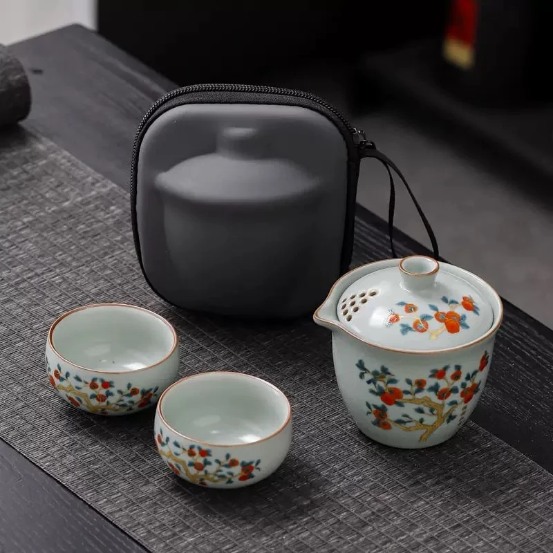 195汝窑手抓壶出差茶艺套装一壶两杯户外户外茶具套装便携