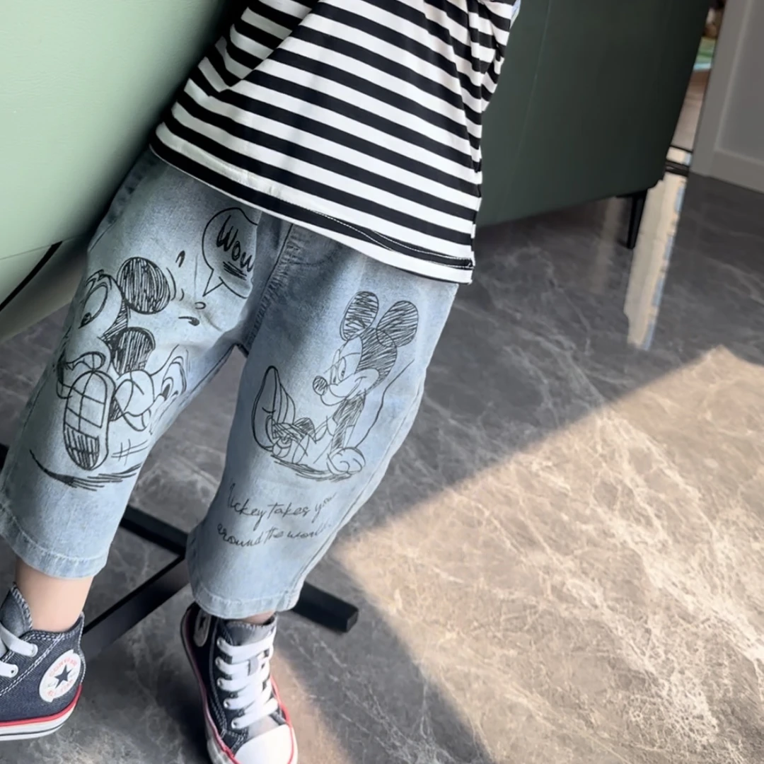 【现】25317儿童老鼠简笔画超薄百搭七分牛仔裤