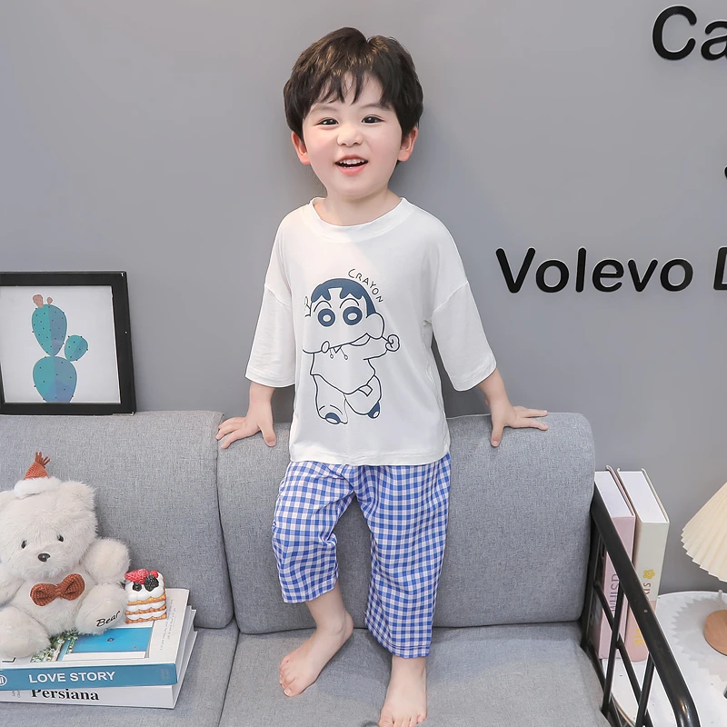 儿童睡衣男孩夏季薄款莫代尔男宝宝空调服小童套装卡通男童家居服