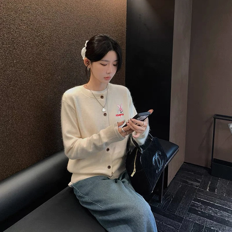 【米白色】开衫外套3523超柔软高品质圆领小兔子针织毛衣