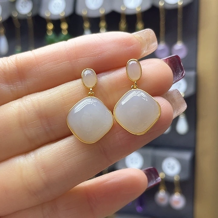 和田玉耳饰银S925镀金镶嵌