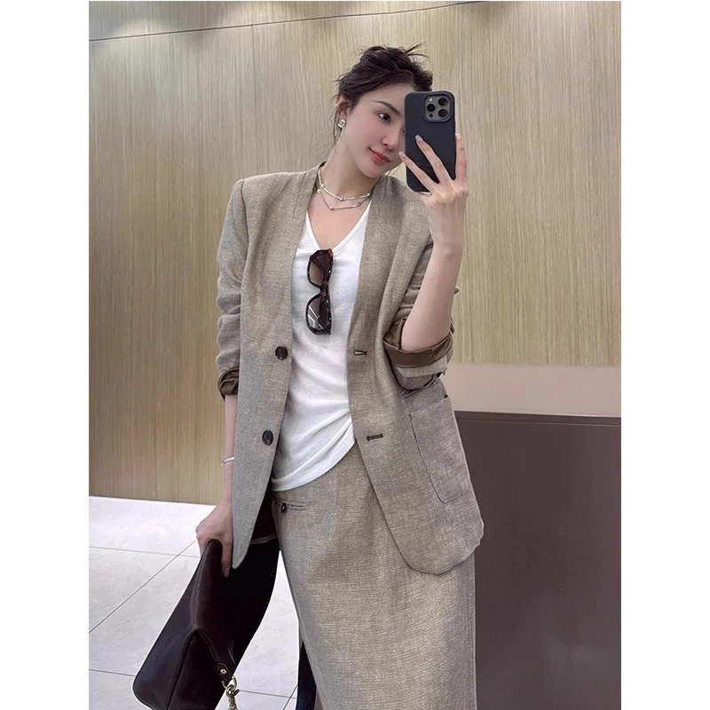 老钱风西装套装女春秋气质简约休闲百搭亚麻西服外套半身裙两件套