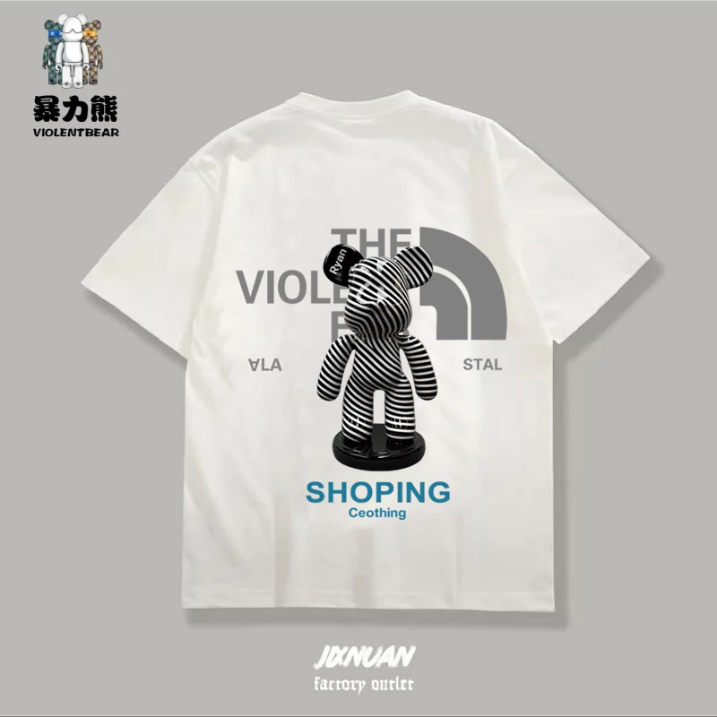 Violentbear/暴力熊条纹印花纯棉短袖百搭休闲炸街动漫圆领T恤