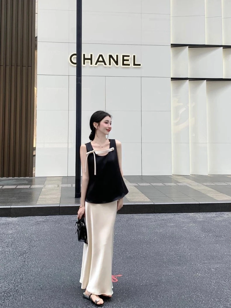 2025春季新款修身显瘦休闲百搭无袖上衣气质时尚高腰A字半身长裙