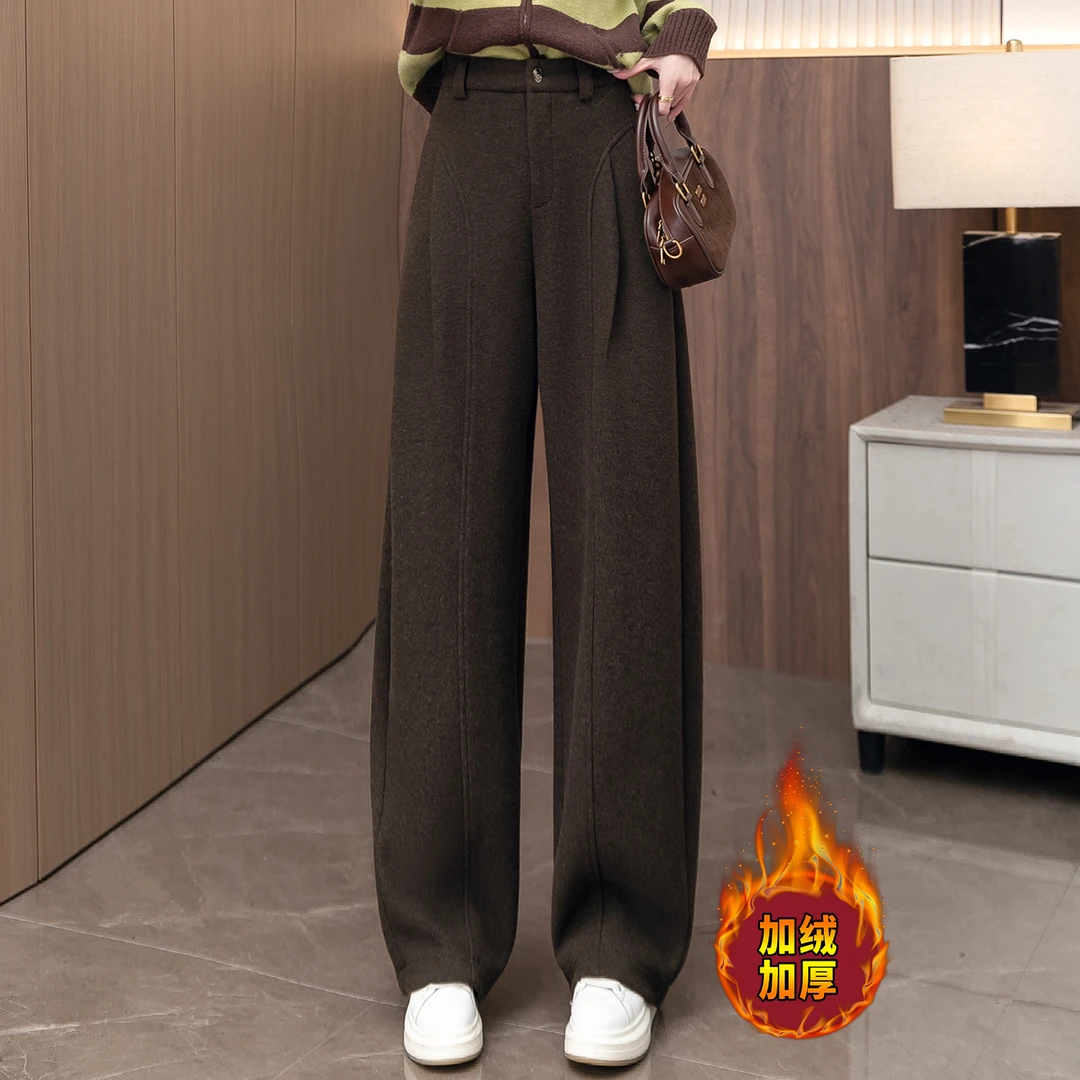 羊毛呢阔腿裤女秋冬2025新款高腰宽松褶皱加绒加厚保暖直筒弯刀裤